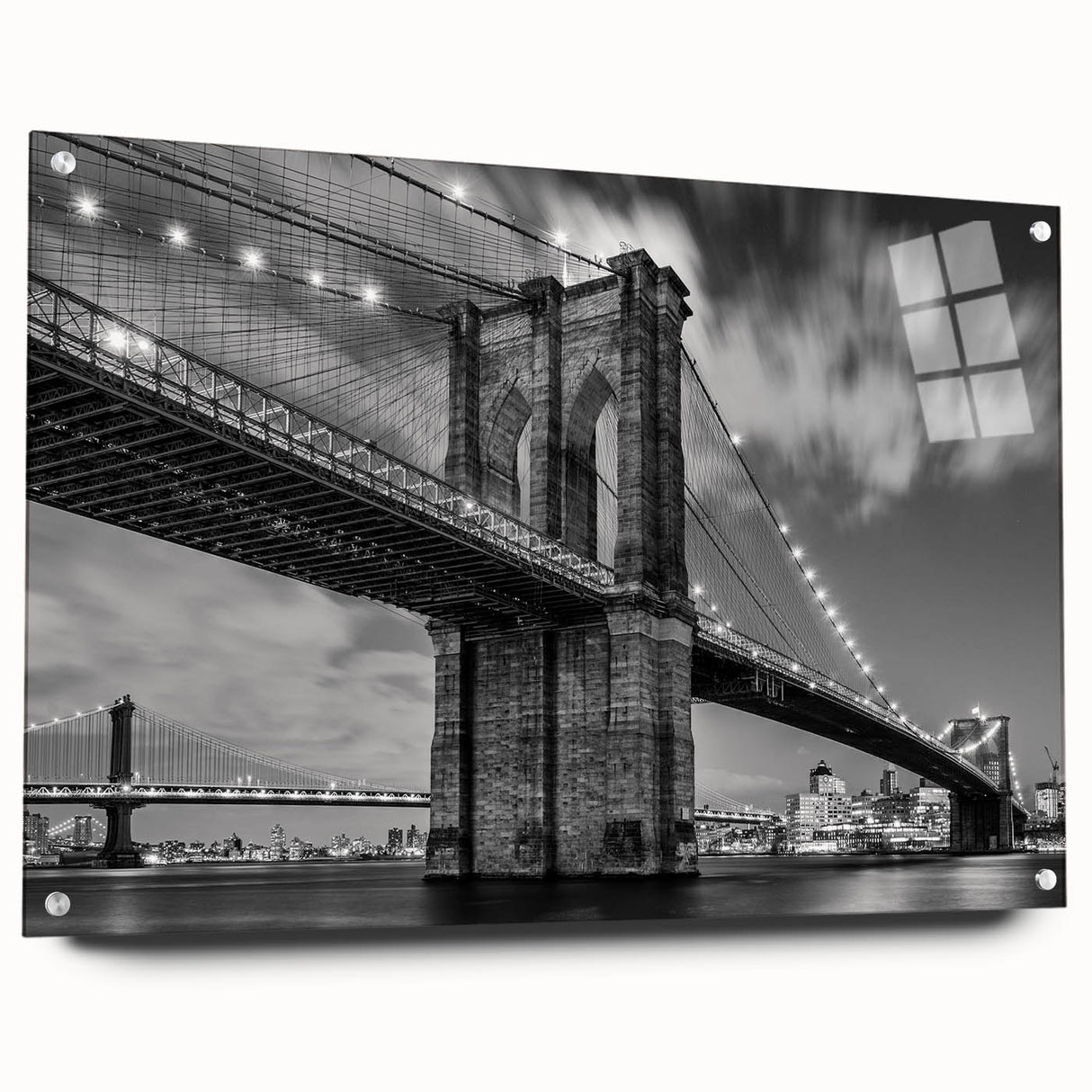 Acrylic print of the Brooklyn Bridge in muted gray tones, ideal for modern dining room decor.