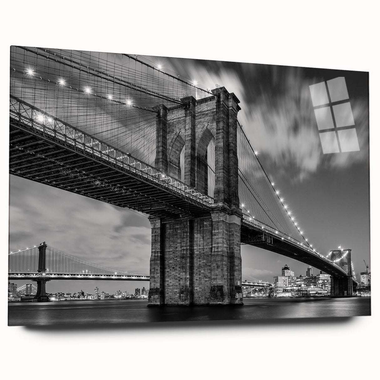 Acrylic print of the Brooklyn Bridge in muted gray and blue tones, ideal for bedroom or dining room decor.
