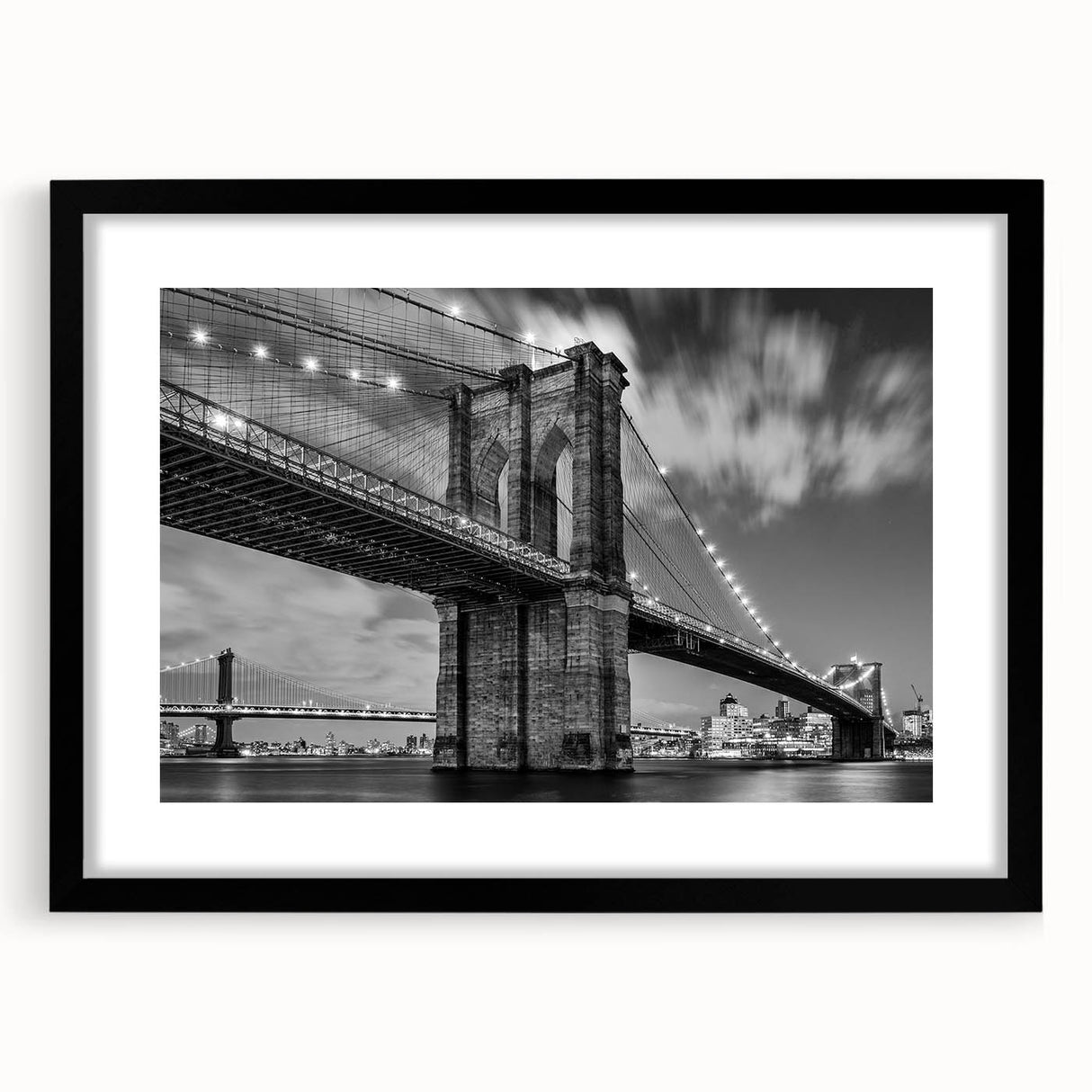 Colorful art print of an abstract Brooklyn Bridge in vibrant hues on a large textured canvas, ideal for living room decor.