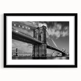 Colorful art print of an abstract Brooklyn Bridge in vibrant hues on a large textured canvas, ideal for living room decor.