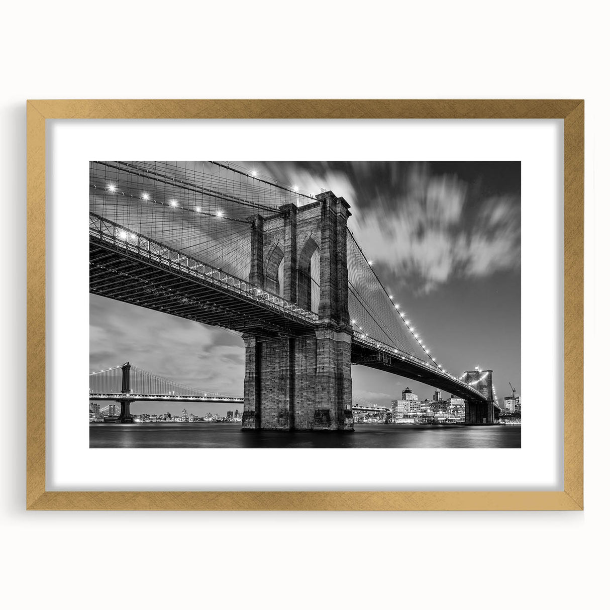 Extra large wall art featuring an abstract print of the Brooklyn Bridge in muted gray and gold tones on a framed canvas.
