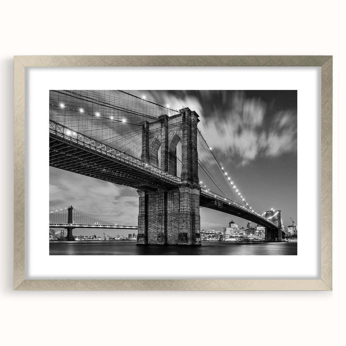 Textured art print of Brooklyn Bridge in muted gray tones on framed silver mat, suitable for bedroom art.