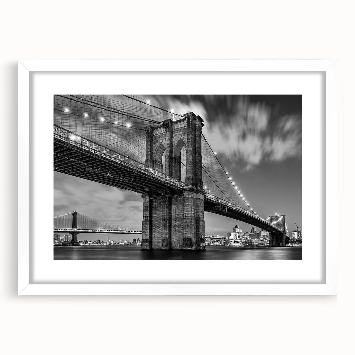Abstract art print of the Brooklyn Bridge in muted gray and blue tones on a framed white mat.
