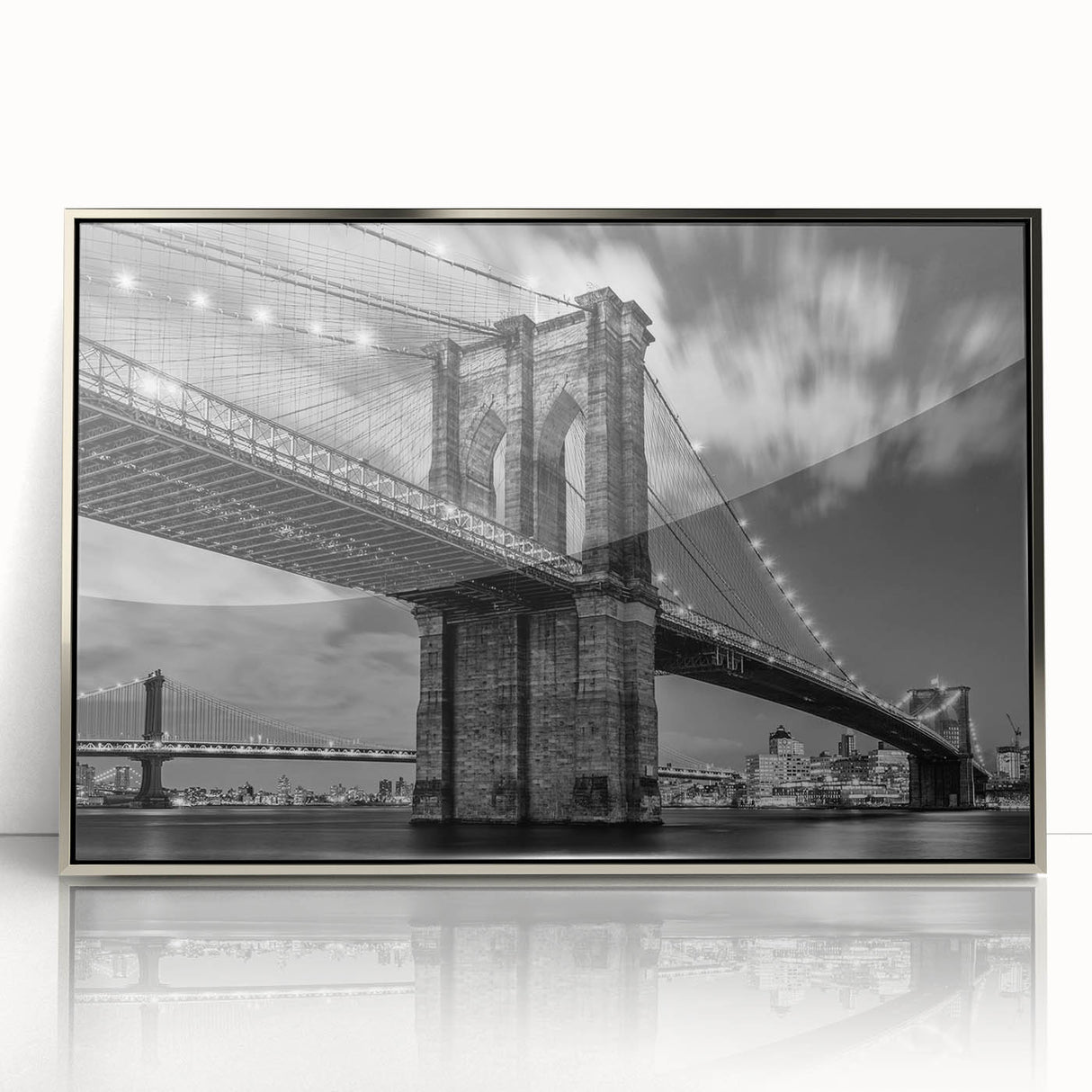 Mid-century modernist art of the Brooklyn Bridge in muted metallic tones on a framed acrylic print.