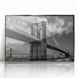 Mid-century modernist art of the Brooklyn Bridge in muted metallic tones on a framed acrylic print.