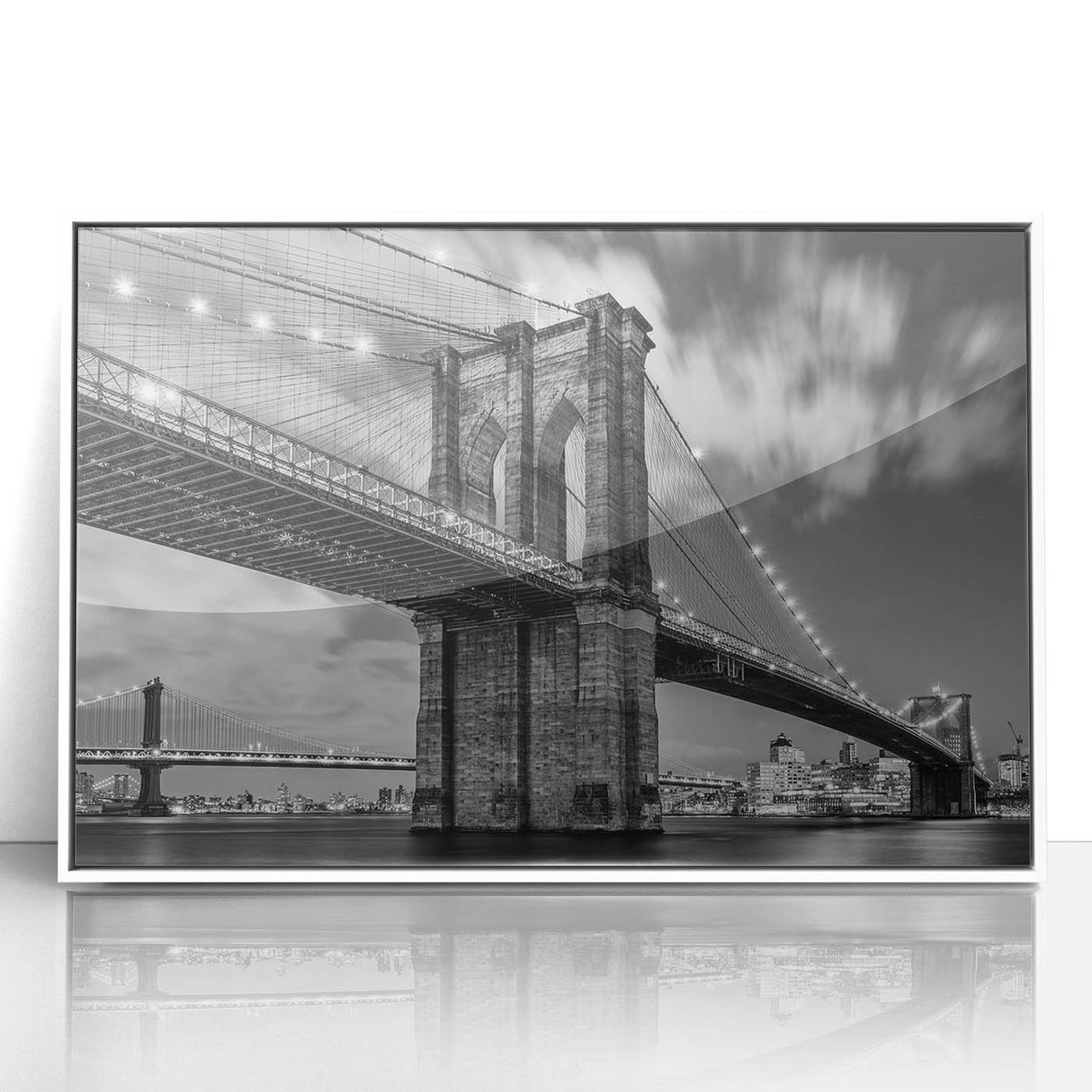 Acrylic print of the Brooklyn Bridge in muted grays and whites, framed in white, suitable as modern art wall decor.