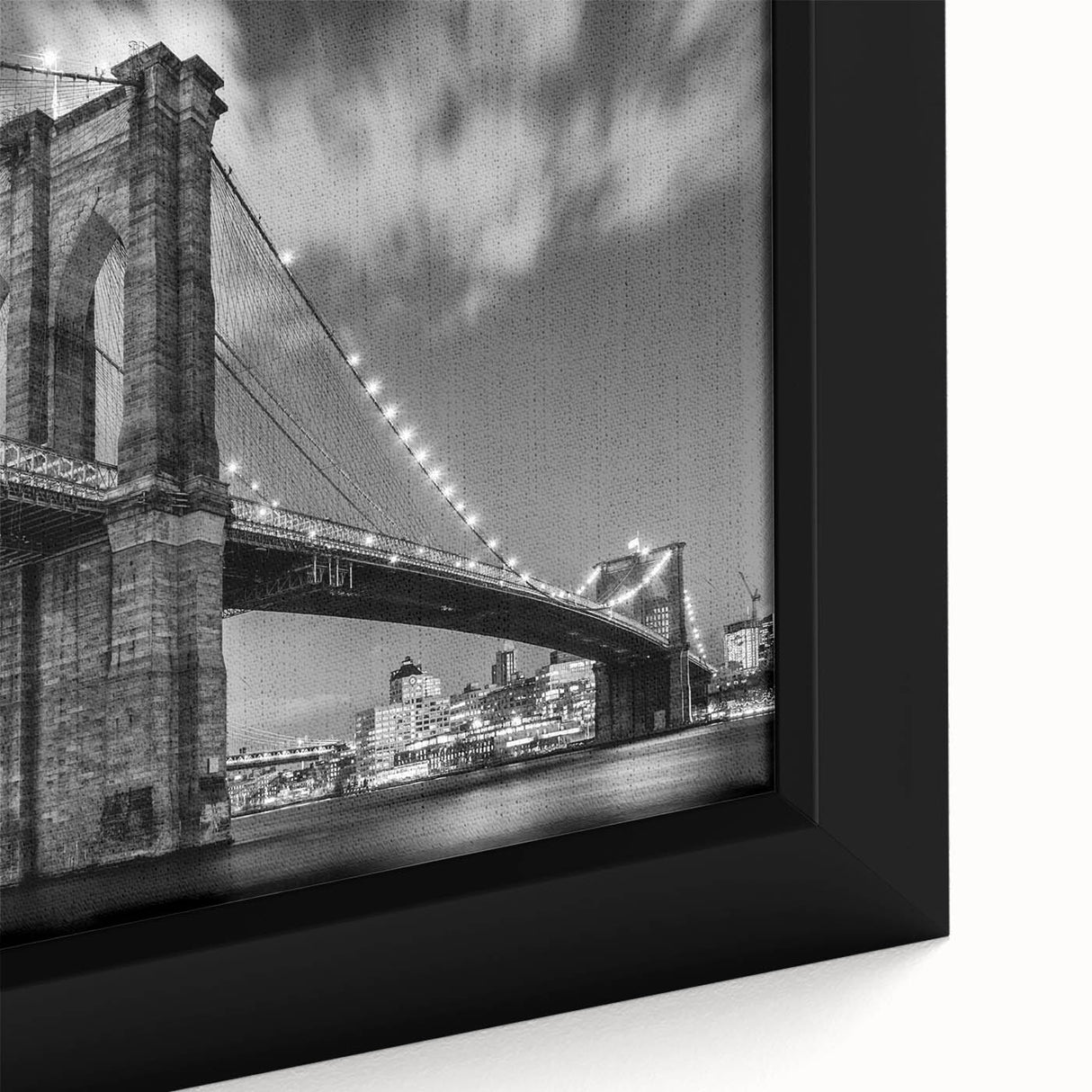 Black wall art featuring a textured depiction of the Brooklyn Bridge in colorful art style on an extra large framed canvas.