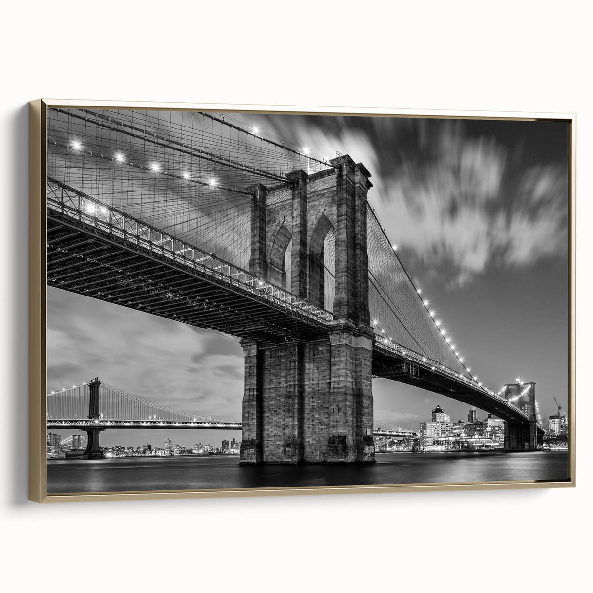 Framed canvas wall art featuring a side view of the Brooklyn Bridge in black and gold tones, suitable for bedroom decor.