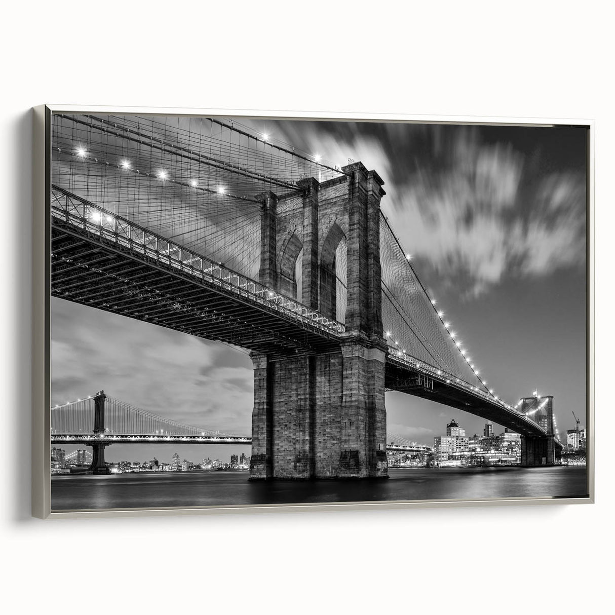 Framed canvas of Brooklyn Bridge landscape art painting.