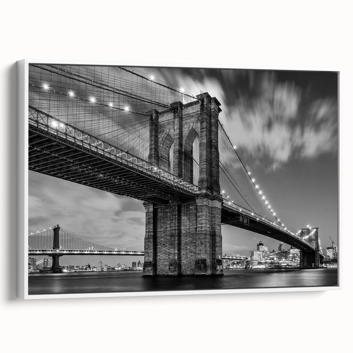 Vintage poster art of Brooklyn Bridge in colorful hues on extra-large framed canvas, suitable for living room decor.