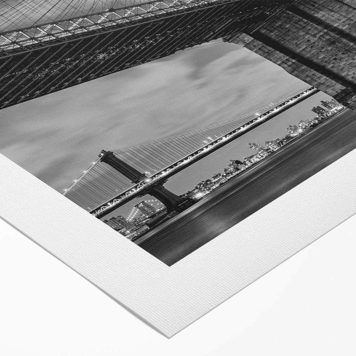 Art Deco poster of the Brooklyn Bridge in monochrome tones on rolled canvas, suitable for dining room decor.