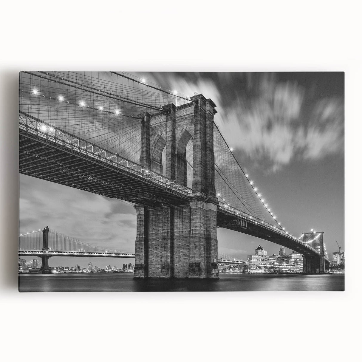 Black and white photo of the Brooklyn Bridge on stretched canvas, ideal for kitchen wall art.