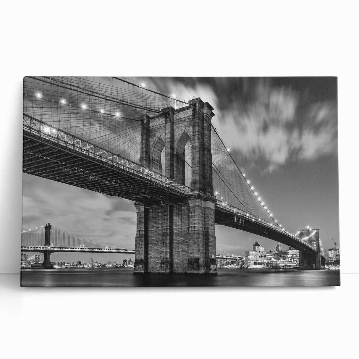Black and white image of the Brooklyn Bridge on stretched canvas, suited for kitchen wall art or bedroom decor.