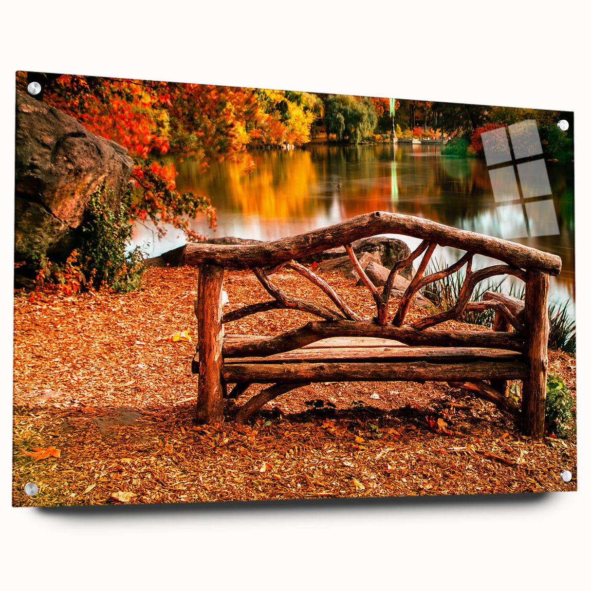 Acrylic print of Central Park with lush green tones and reflective surface, suitable for dining room decor.