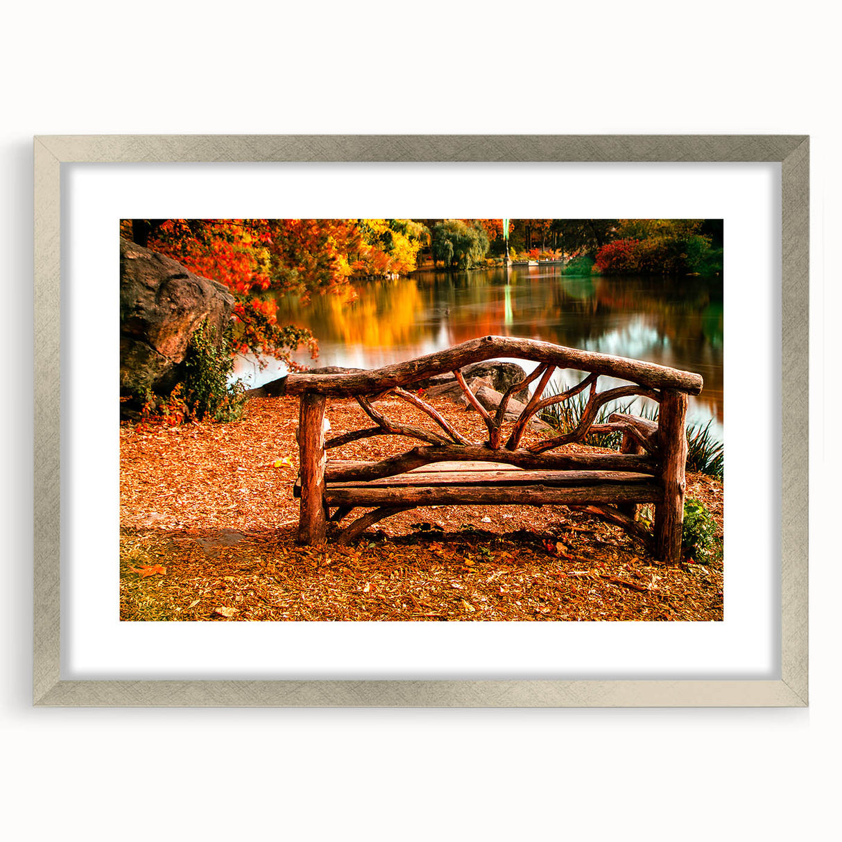 Textured art print of Central Park in abstract style, featuring muted green and brown tones, framed in silver.