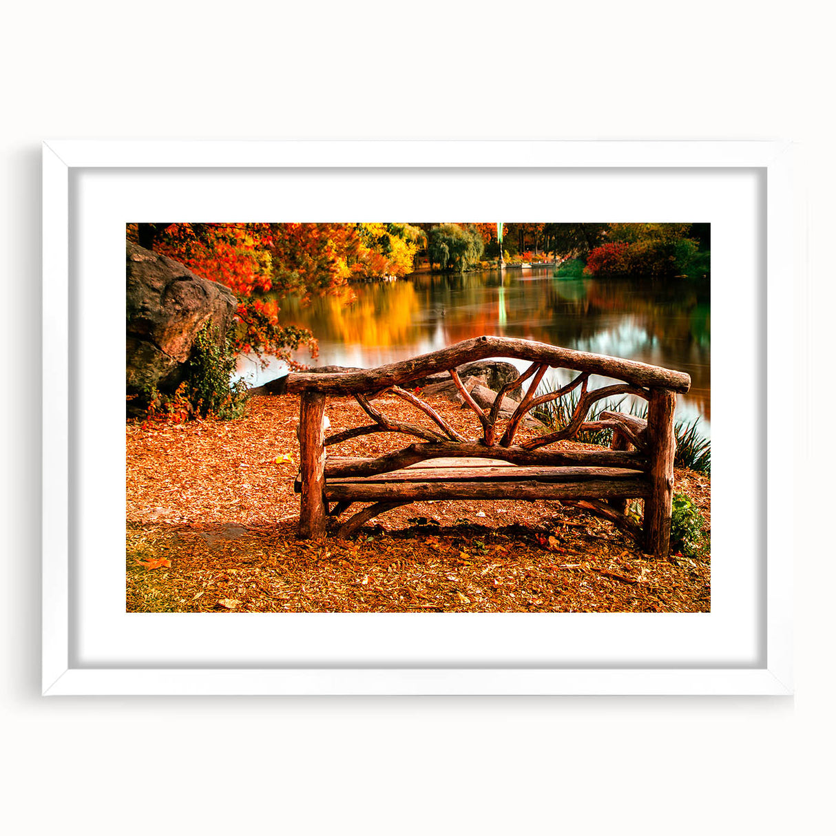 Abstract art print of Central Park with muted green and brown tones on a framed white mat, ideal for dining room decor.