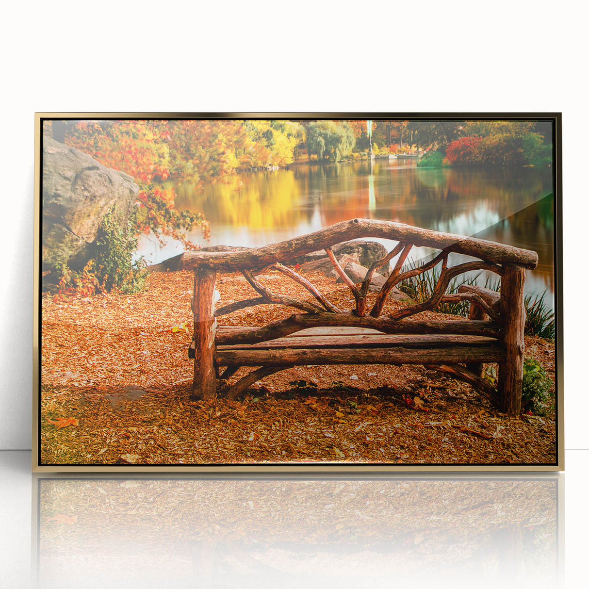 Acrylic print of Central Park in muted green and gold tones, framed in gold, ideal for modern art wall decor.