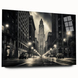 Acrylic print of a large abstract interpretation of the NYC skyline in muted gray and blue tones.