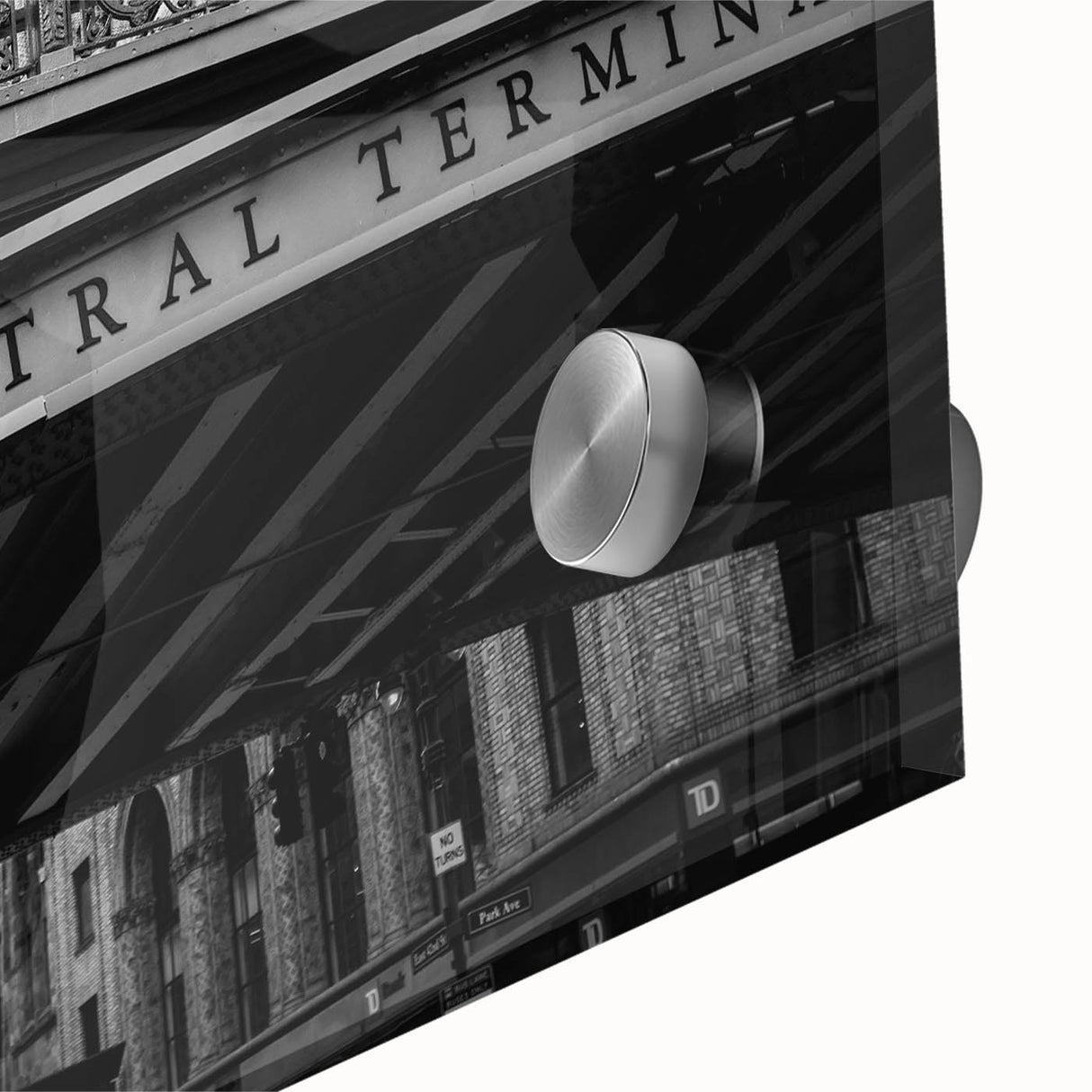 Large abstract wall art of NYC's Grand Central in muted colors on acrylic glass, ideal for dining room art.