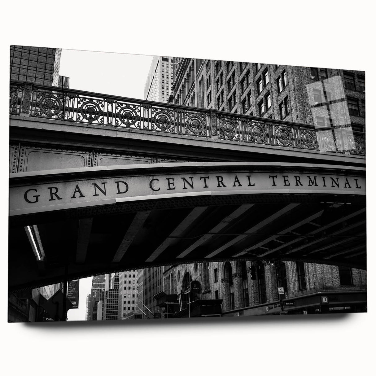 Large abstract depiction of Grand Central on acrylic glass, with muted gray and blue tones.