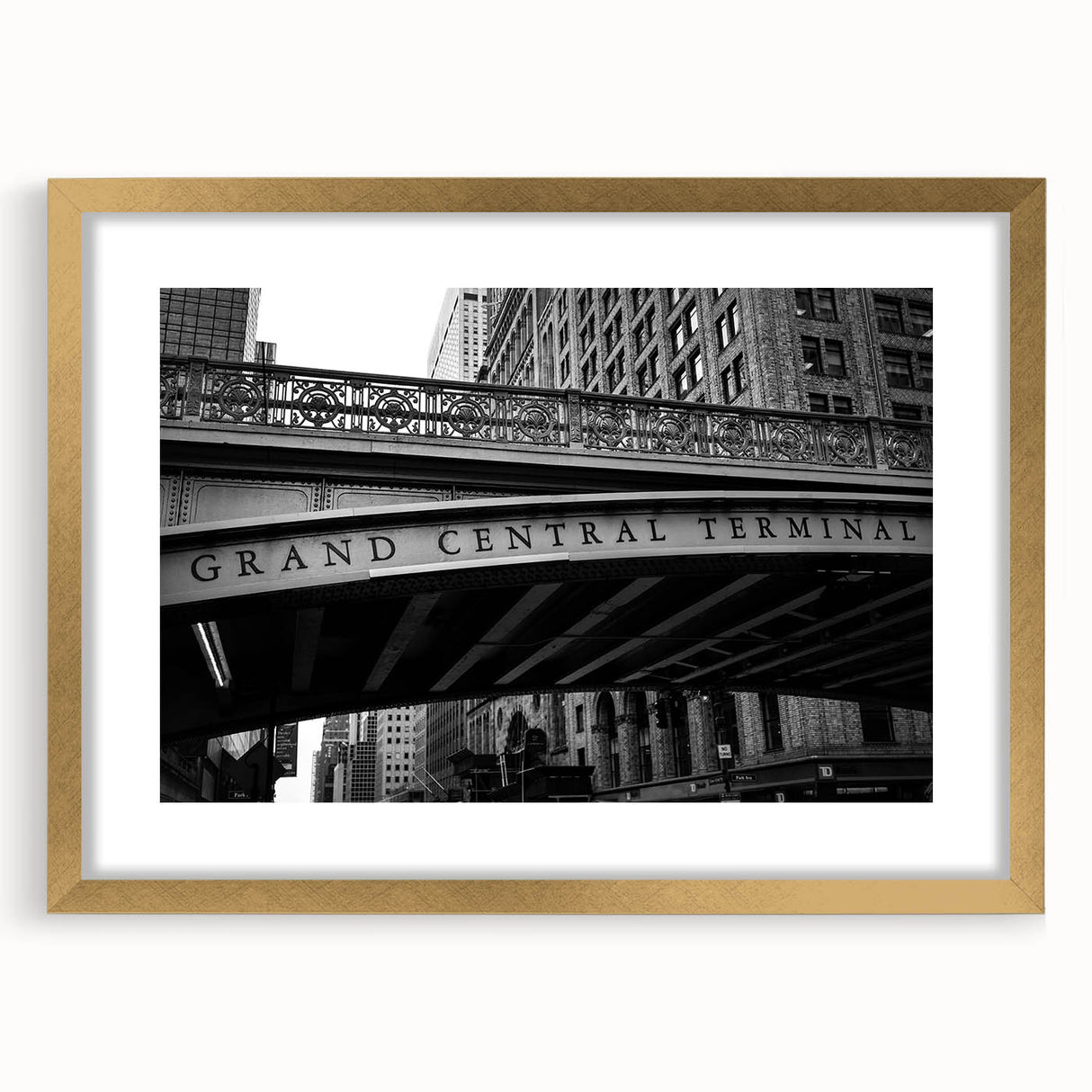 Extra large abstract art print of New York's Grand Central, in muted gold and gray tones, framed with a gold mat.