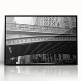Framed acrylic print of a large abstract depiction of NYC's Grand Central, in black and gray tones.