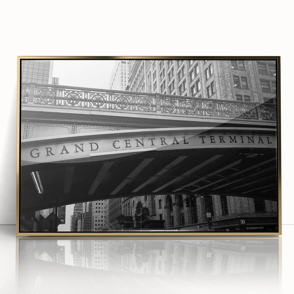 Acrylic print of New York's Grand Central in gold tones, framed, ideal for modern art wall decor.
