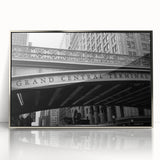 Mid-century modernist art of NYC's Grand Central in silver framed acrylic, featuring muted gray tones.