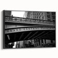 Black and white vintage poster art of NYC's Grand Central, framed canvas, ideal for bedroom wall decor.