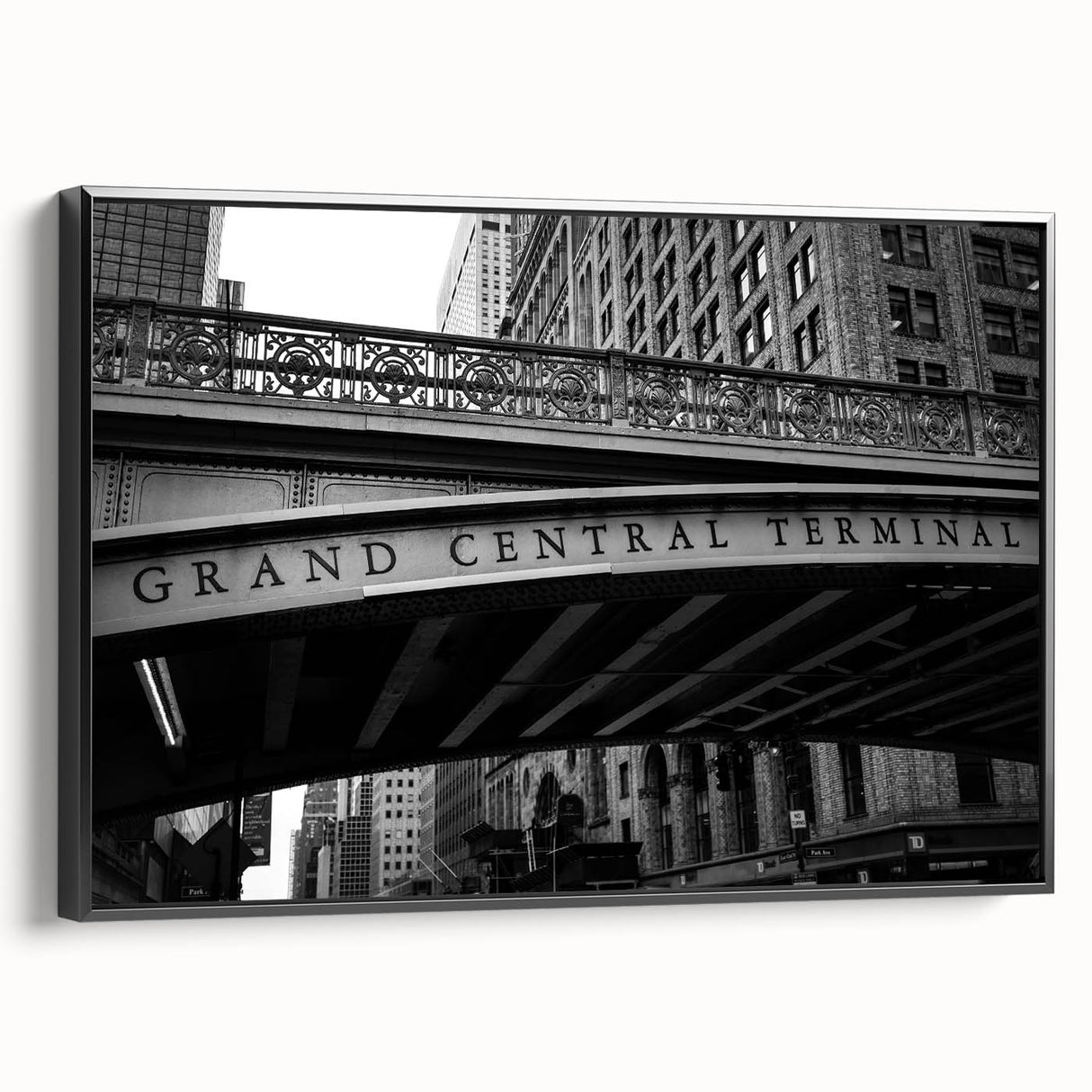 Black and white vintage poster art of NYC's Grand Central, framed canvas, ideal for bedroom wall decor.