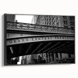 Black and white vintage poster art of NYC's Grand Central, framed canvas, ideal for bedroom wall decor.