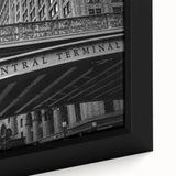 Black wall art featuring a textured depiction of Grand Central Station in vibrant, colorful tones on a framed canvas.