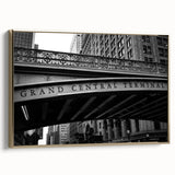 Framed canvas of vintage New York City Grand Central Station in black and gold tones, suitable for bedroom wall art.