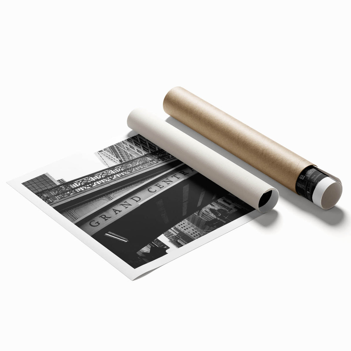 Extra large rolled print of New York's Grand Central with muted floral designs, ideal for classy bathroom wall art.