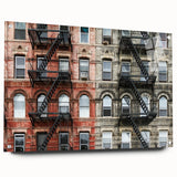 Acrylic print of Manhattan skyline with vibrant evening hues, ideal for dining room art.