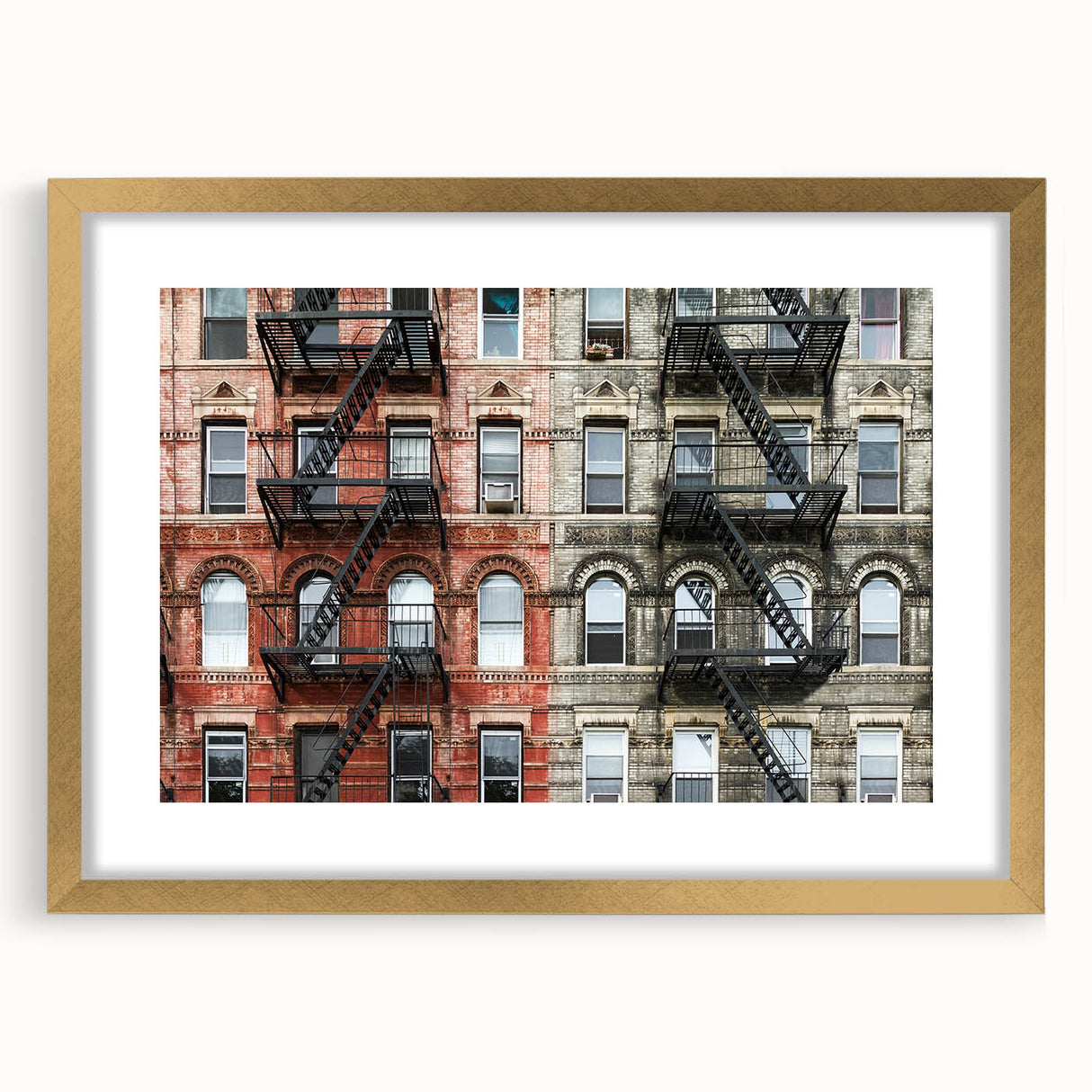 Extra large wall art of abstract Manhattan skyline in textured gold frame, ideal for living room decor.