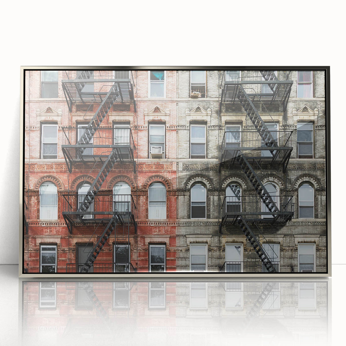 Mid-century modernist art of Manhattan skyline in muted silver tones on framed acrylic, ideal for modern art wall decor.