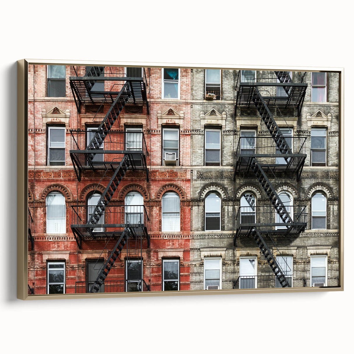 Framed canvas of vintage-style Manhattan skyline in black and gold tones, ideal for bedroom wall art.