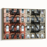 Framed canvas of vintage-style Manhattan skyline in black and gold tones, ideal for bedroom wall art.