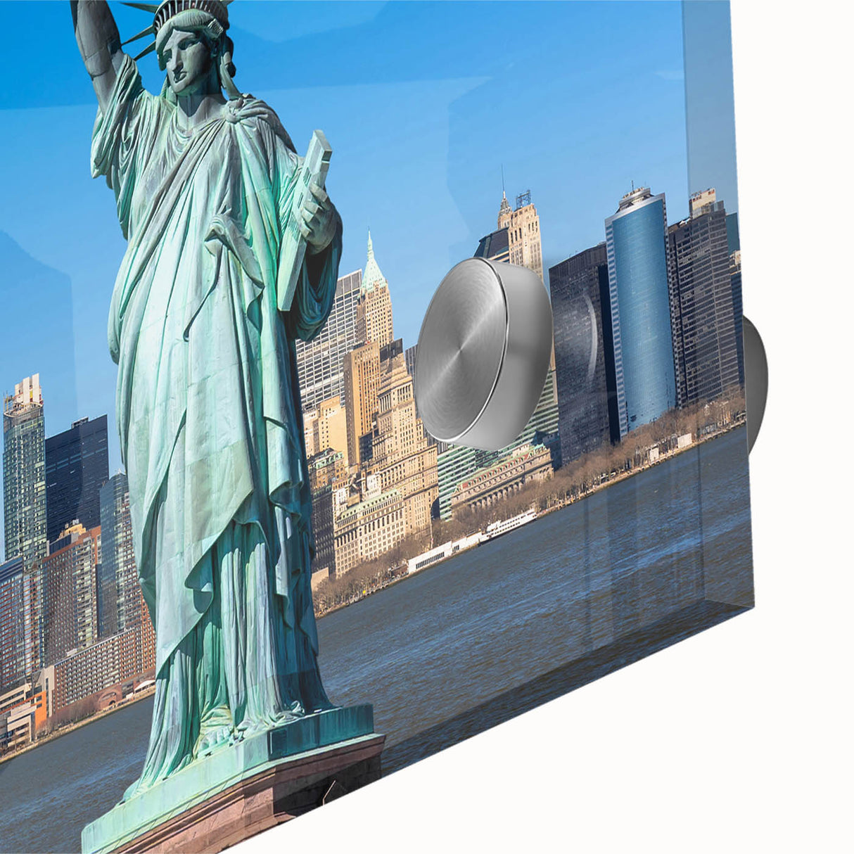 Acrylic print of the Statue of Liberty in monochrome, ideal for dining room art with a mid-century modernist style.
