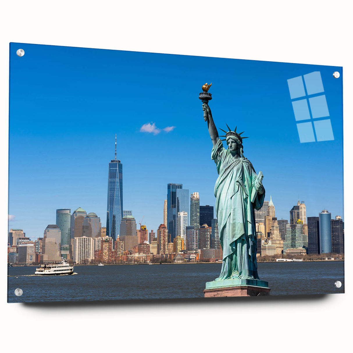 Acrylic print of the Statue of Liberty in a side view, using muted green and blue tones.