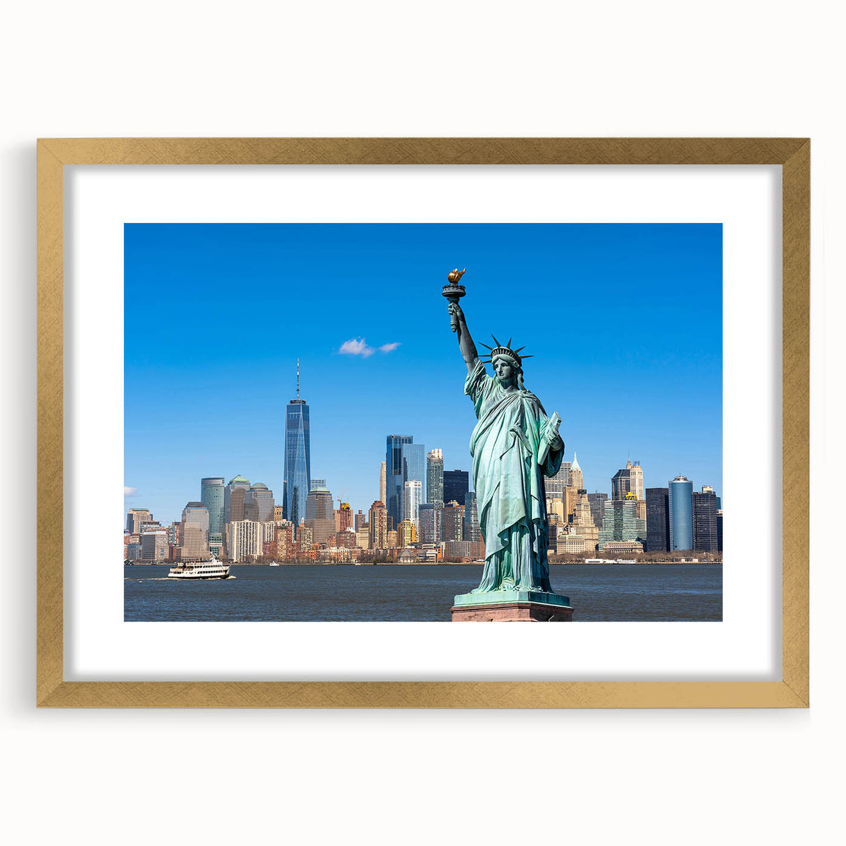 Extra large abstract art print of the Statue of Liberty in muted green and blue tones on a textured canvas.