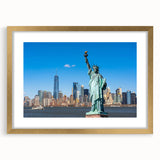 Extra large abstract art print of the Statue of Liberty in muted green and blue tones on a textured canvas.