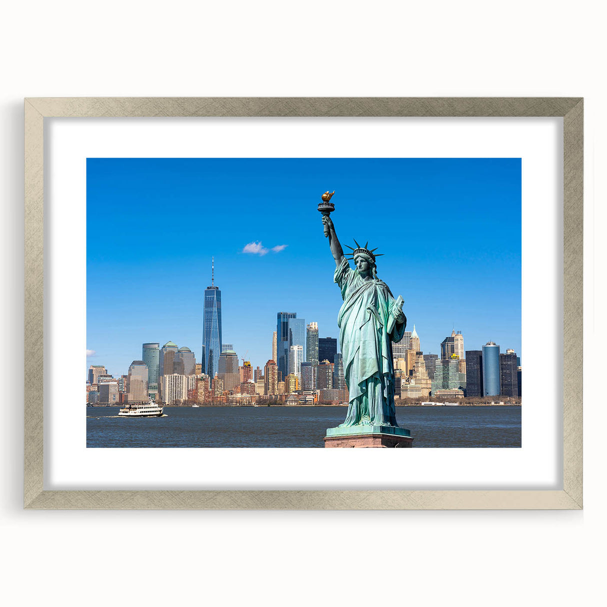 Textured art print of the Statue of Liberty in abstract style, with muted blue and gray tones on a framed silver mat.