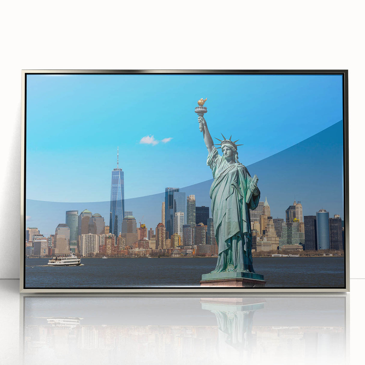 Mid-century modernist art of the Statue of Liberty in muted blue and silver tones, acrylic print framed.