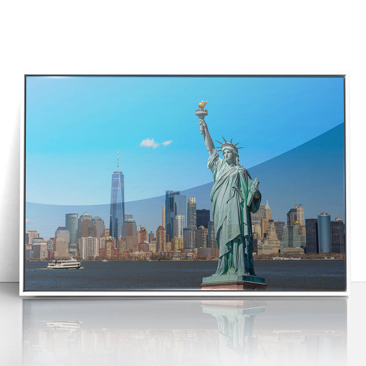Statue of Liberty depicted in art deco style on a white acrylic framed poster, suitable for modern nursery decor.