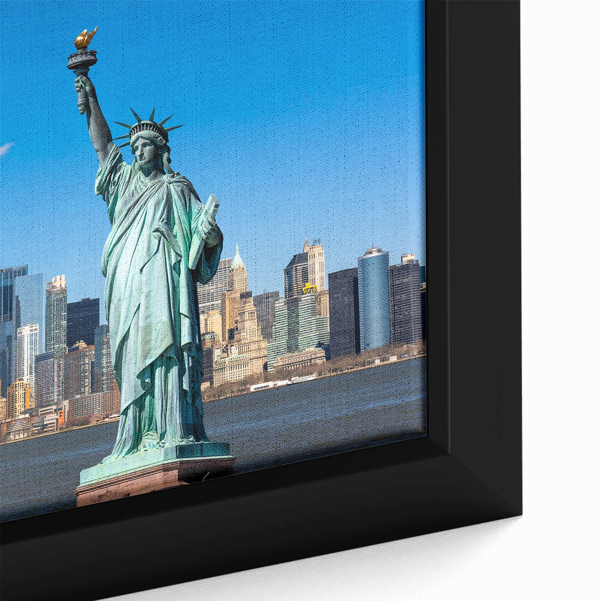 Extra large framed canvas featuring a textured close-up of the Statue of Liberty in black with colorful art accents.