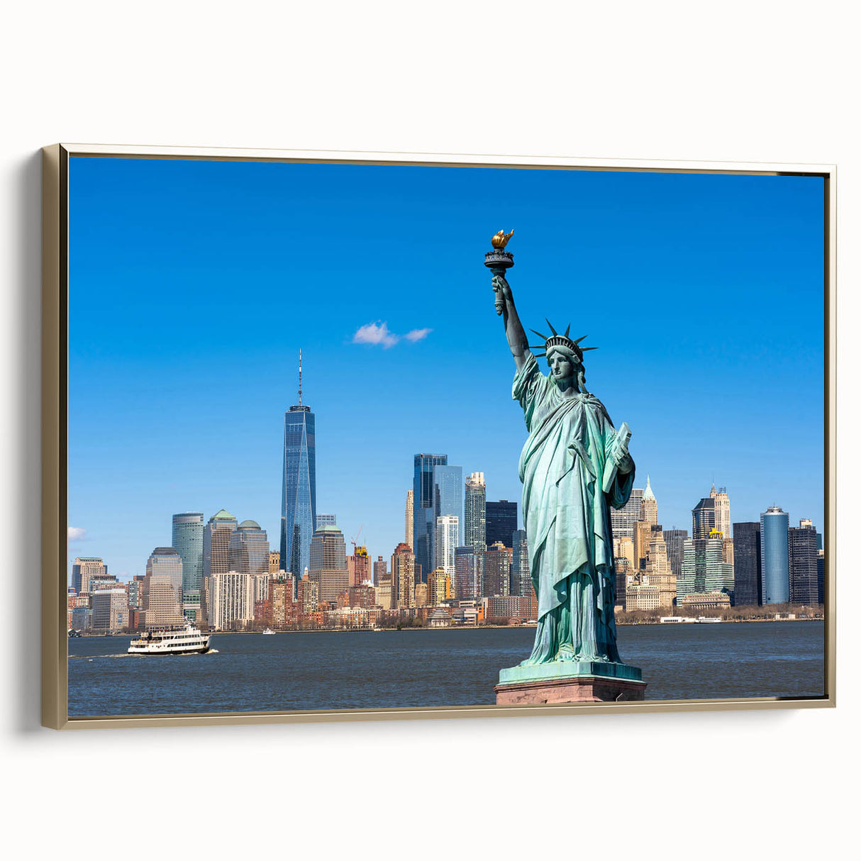 Framed canvas wall art of Statue of Liberty in black and gold, vintage poster style, ideal for bedroom decor.