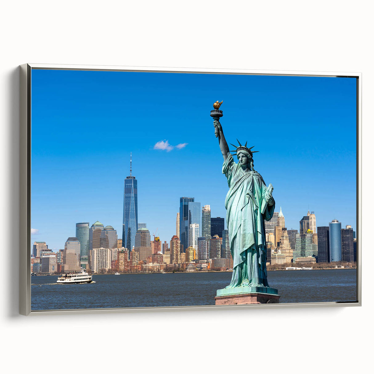 Framed canvas of the Statue of Liberty in monochrome with colorful abstract background, ideal for modern living room decor.