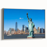 Framed canvas of the Statue of Liberty in monochrome with colorful abstract background, ideal for modern living room decor.